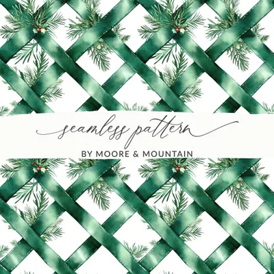 Watercolor Evergreen Ribbon Digital Seamless Pattern, Christmas Digital Paper, Fabric Design, Scrapbooking Paper, Sublimation Design