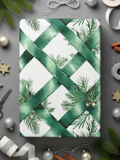 Watercolor Evergreen Ribbon Digital Seamless Pattern, Christmas Digital Paper, Fabric Design, Scrapbooking Paper, Sublimation Design - Moore and Mountain