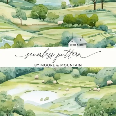 Watercolor Farmhouse Digital Paper, Sheep Seamless Pattern, Pastoral Landscape, Green Hills Texture, Farm Animals Digital Download