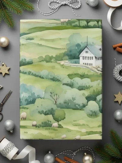 Watercolor Farmhouse Digital Paper, Sheep Seamless Pattern, Pastoral Landscape, Green Hills Texture, Farm Animals Digital Download - Moore and Mountain