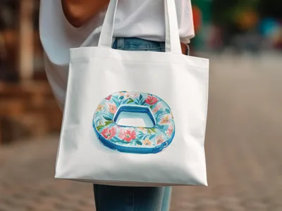 White tote bag with floral print inner tube graphic.