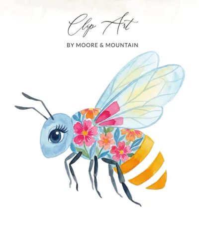 Watercolor Floral Bee Digital Art Clipart, Cute Spring Summer Insect PNG, Whimsical Garden Nature Lover Printable Design File