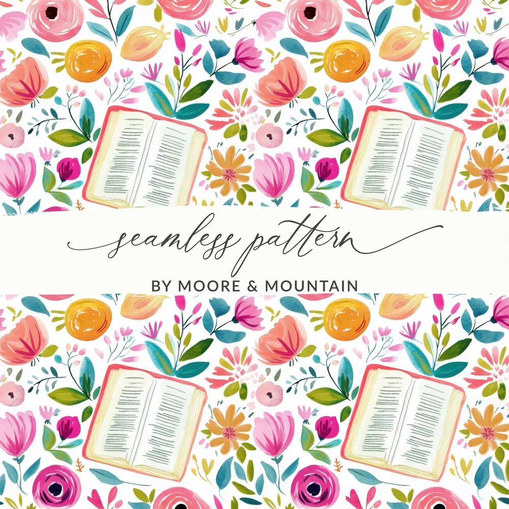 Vibrant Floral and Book Seamless Pattern Design