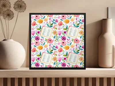 Colorful Floral Pattern with Books Wall Art Decor