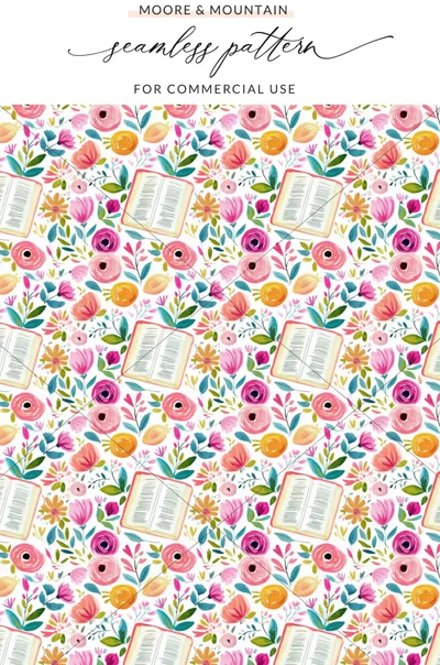 Colorful Floral and Books Seamless Pattern for Crafts