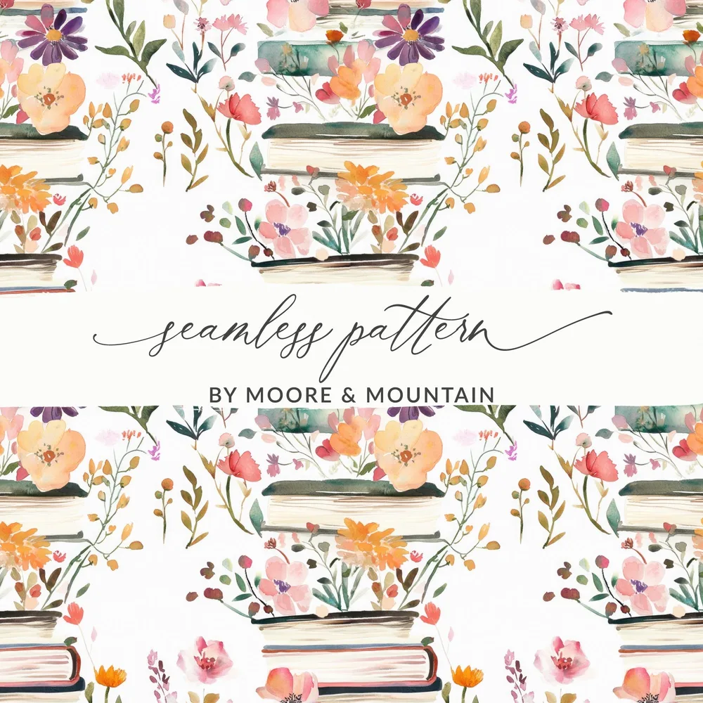 Watercolor Floral Books Digital Paper, Pink Orange Flowers Pattern, Reading Lover Seamless Pattern, Spring Ditsy Fabric Design, Pastel - Moore and Mountain