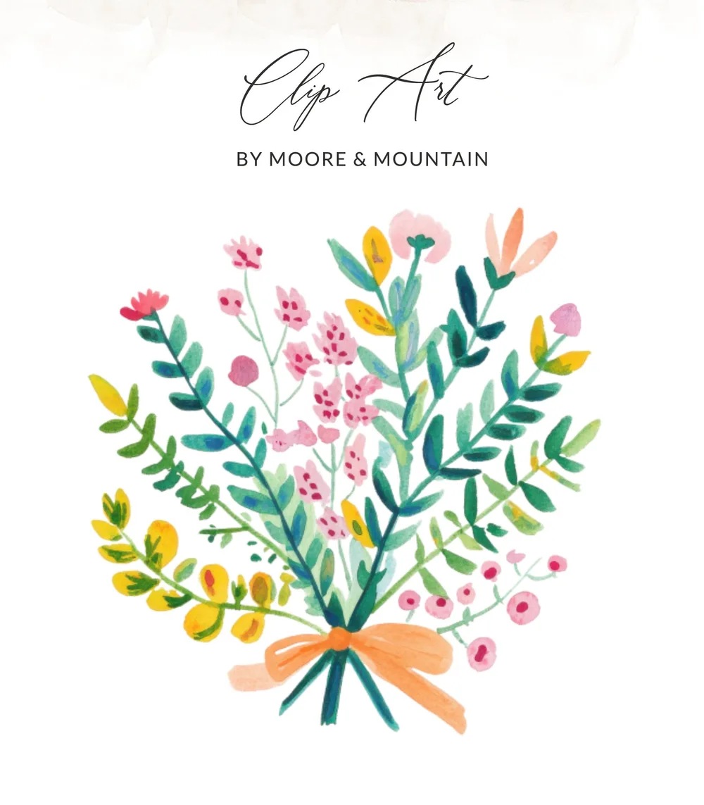 Watercolor floral clip art with text "Clip Art by Moore & Mountain".