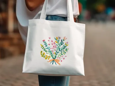 White tote bag with watercolor bouquet of wildflowers and ribbon detail.