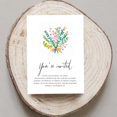 Invitation with floral bouquet and "You're invited" text.