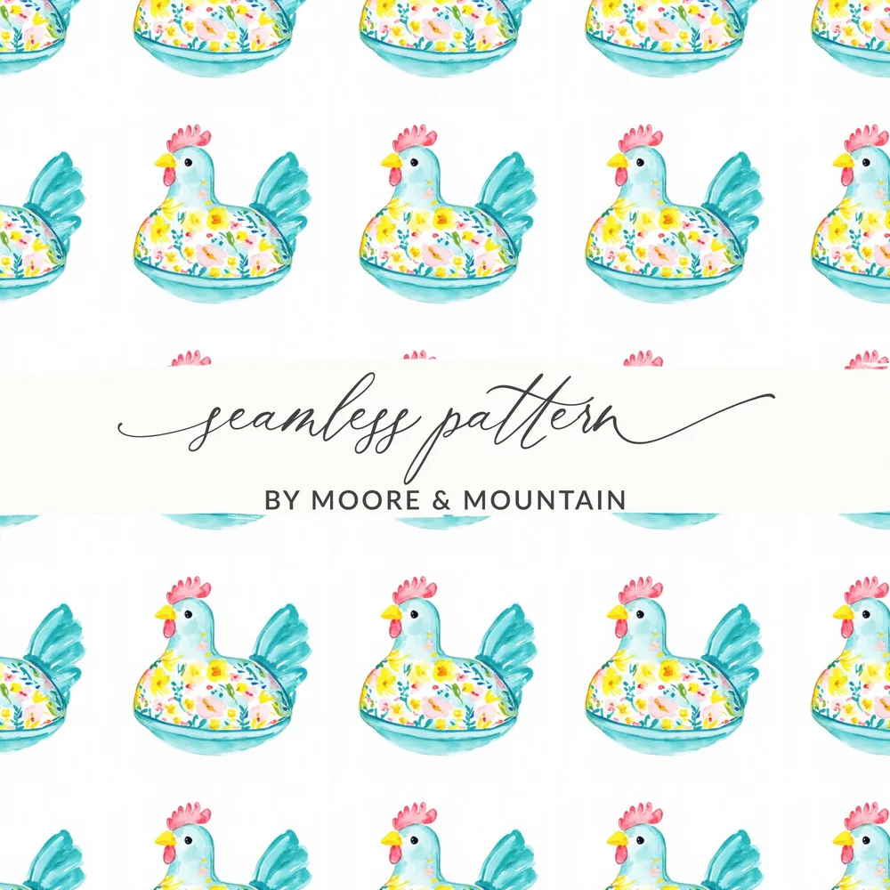 Seamless Pattern By Moore & Mountain Teal Floral Chicken product type
Chicken, Floral, Pattern, Watercolor, Seamless, Bird, Farm animal, Teal chicken, Blue chicken, Yellow flowers, Pink flowers, Spring design, Cheerful pattern, Cute illustration, Digital pattern, Fabric print, Custom design, Moore Mountain, Repeating pattern, Hen pattern
