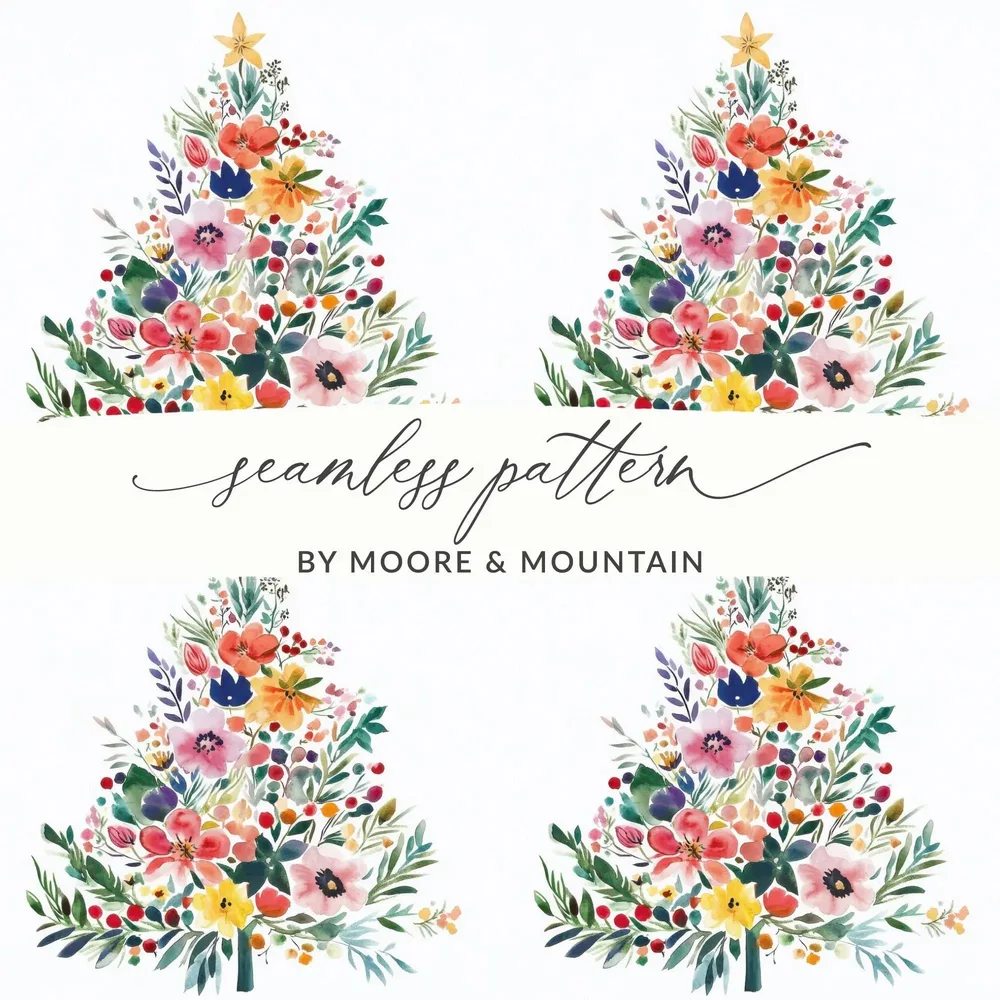 Watercolor Floral Christmas Tree Digital, Seamless Pattern JPEG, Holiday Design, Festive Art, Crafting Printable, Scrapbooking Paper - Moore and Mountain