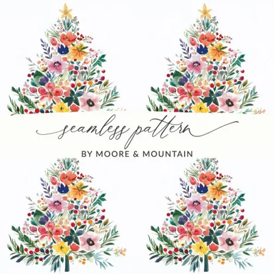 Watercolor Floral Christmas Tree Digital, Seamless Pattern JPEG, Holiday Design, Festive Art, Crafting Printable, Scrapbooking Paper