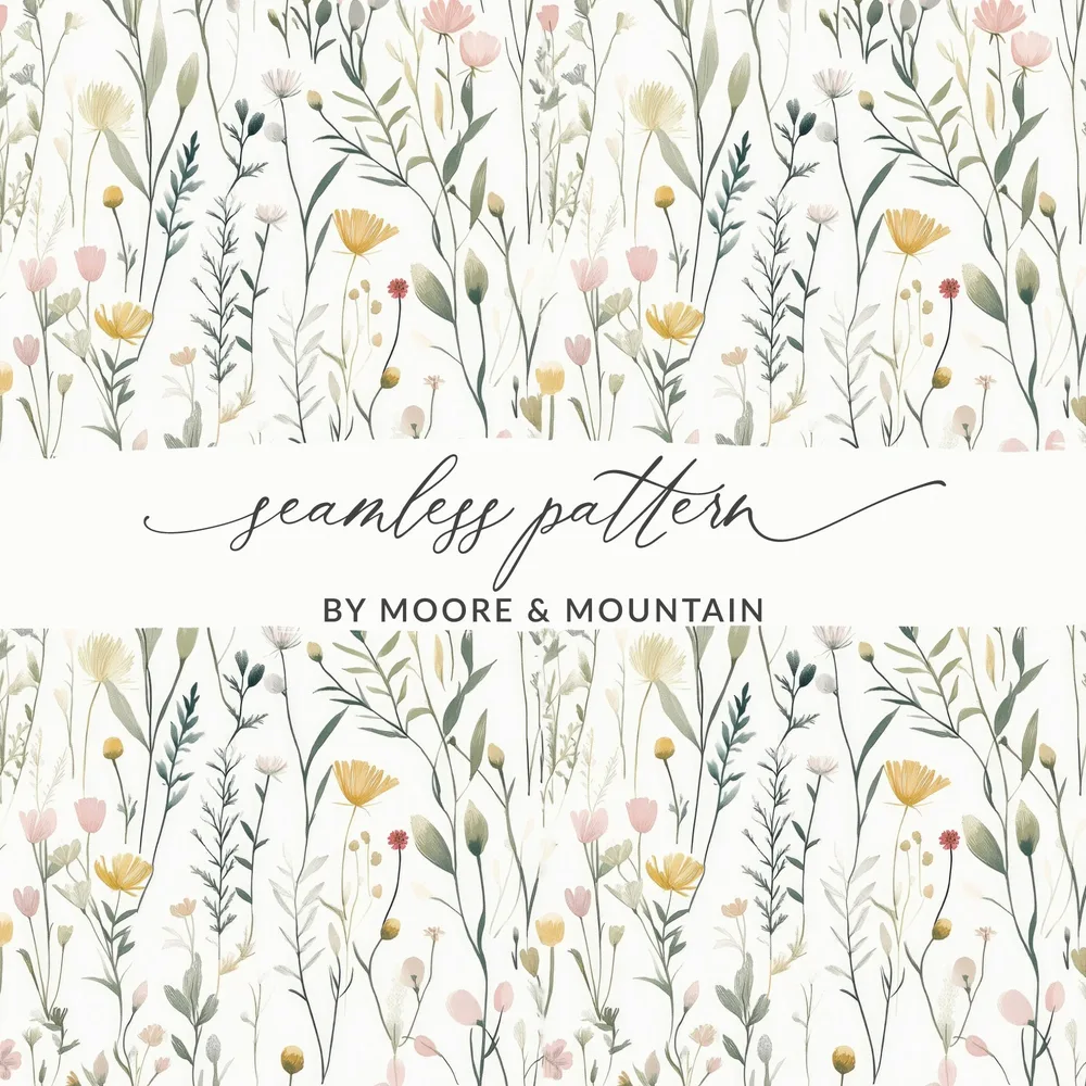 Watercolor Floral Digital Paper, Pink and Yellow Wildflower Seamless Pattern, Delicate Spring Garden Digital Product, Pastel Botanical - Moore and Mountain