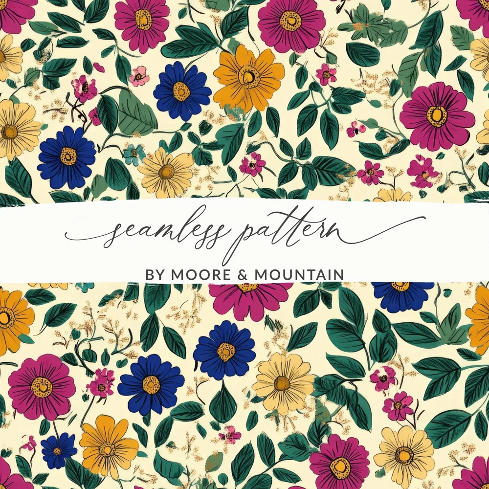Watercolor Floral Digital Paper, Pink Blue Yellow Flowers Seamless Pattern, Spring Summer Floral, Digital Fabric Design, Scrapbooking Paper - Moore and Mountain