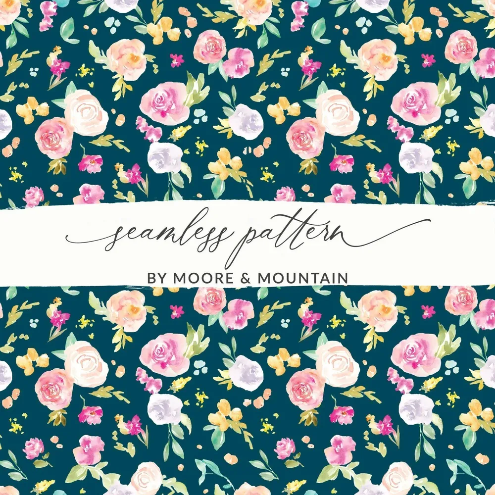 Watercolor Floral Digital Paper, Seamless Flower Pattern, Dark Teal Background, Digital Download, Scrapbooking Paper, Printable Texture - Moore and Mountain