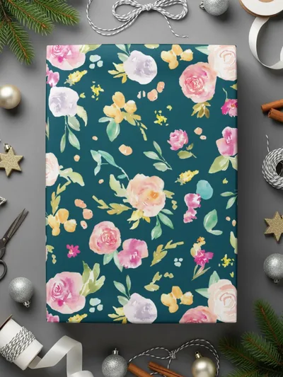 Watercolor Floral Digital Paper, Seamless Flower Pattern, Dark Teal Background, Digital Download, Scrapbooking Paper, Printable Texture - Moore and Mountain