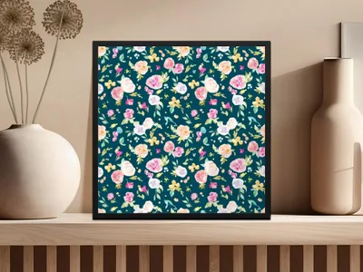 Watercolor Floral Digital Paper, Seamless Flower Pattern, Dark Teal Background, Digital Download, Scrapbooking Paper, Printable Texture - Moore and Mountain