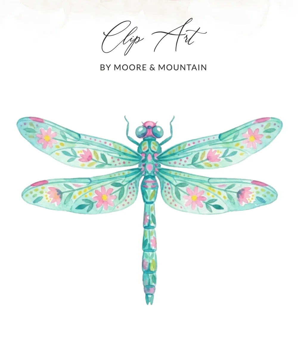 Turquoise dragonfly with pink floral design and "Clip Art" text.