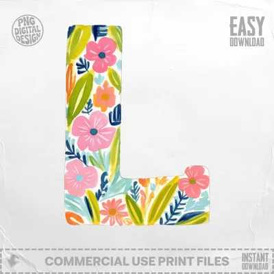 Floral letter L with "EASY DOWNLOAD" and "COMMERCIAL USE PRINT FILES" text.