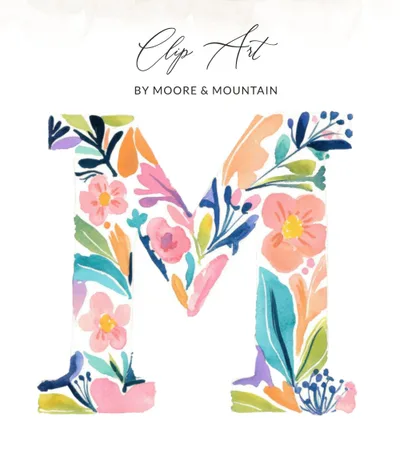 Watercolor Floral Letter M SVG, PNG Digital Download, Monogram Alphabet Clipart, Botanical Initial Art Print, Nursery Decor, Wedding, Baby