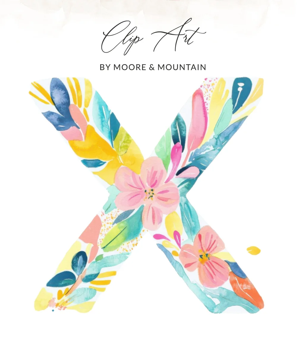 Floral letter X with pink flowers and colorful leaves.