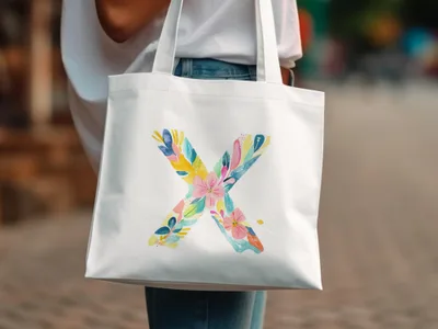 White tote bag with a colorful floral letter X design.