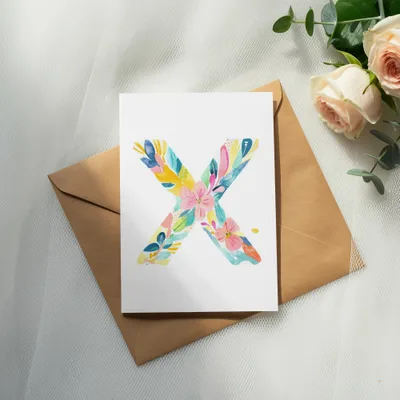 Card with floral letter X on brown envelope and roses.