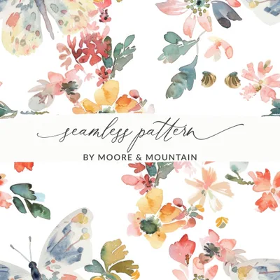 Watercolor Floral Light Blue Butterflies Seamless Pattern Digital
