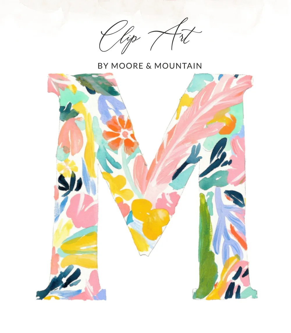 Colorful letter M clip art with floral and leaf designs by Moore & Mountain.