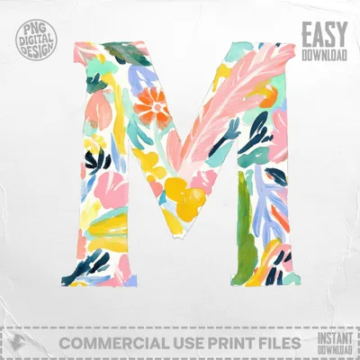 Watercolor letter M with floral and leaf patterns, "Easy Download" and "Commercial Use Print Files" text.