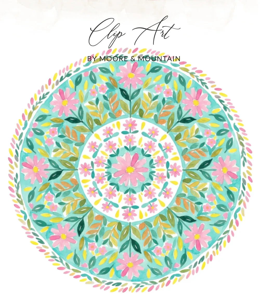 Watercolor floral mandala with text "Clip Art by Moore & Mountain".