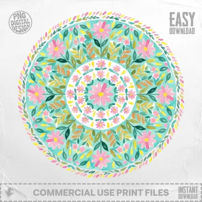 Watercolor mandala with pink flowers and green leaves, "Easy Download" text.