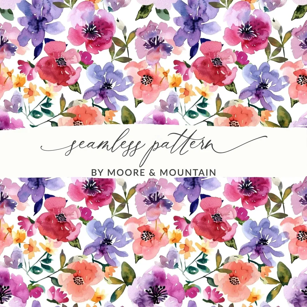 Watercolor Floral Pattern Digital, Seamless Flower Design, Watercolor Flower Pattern, JPEG Files, Printable Floral, Digital Download - Moore and Mountain