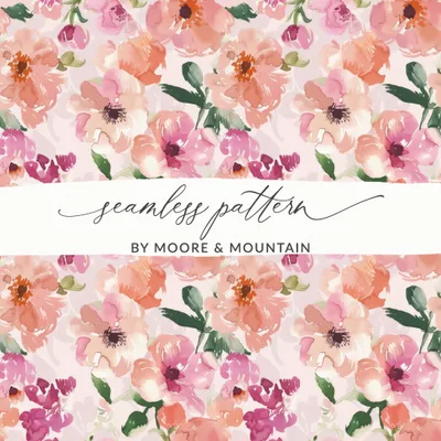 Watercolor Floral Pattern, Seamless Digital Paper, Flower Repeat, Botanical Design, Peach Pink, Scrapbook Paper, Fabric Design Digital