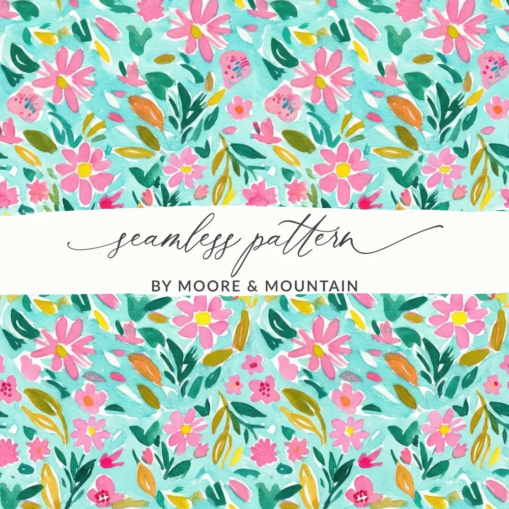 Seamless floral pattern with pink flowers and green leaves on a turquoise background.