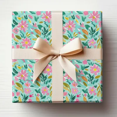 Gift wrapped box with turquoise floral pattern and beige ribbon.