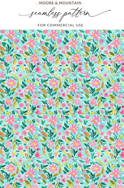Watercolor floral pattern with pink flowers and green leaves on a teal background.