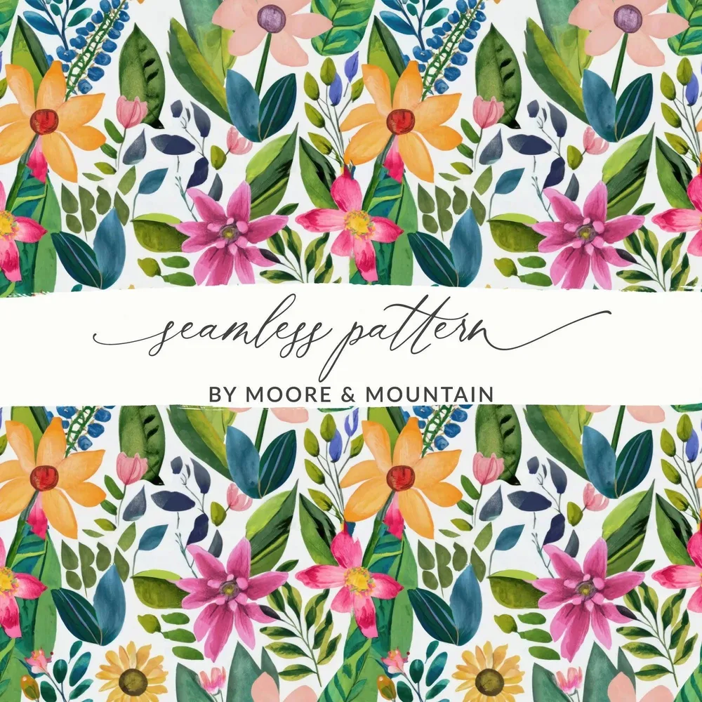 Watercolor Floral Seamless Pattern Digital Paper, Botanical Flower Digital Design, Fabric Print, Digital Download, Commercial Use - Moore and Mountain