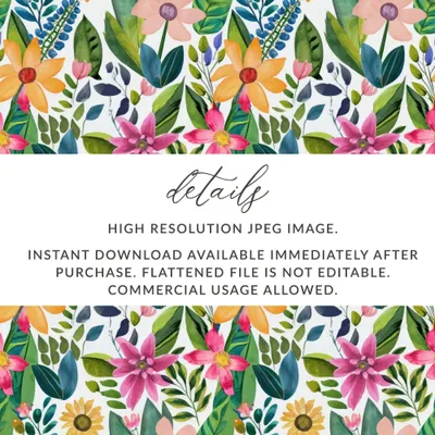 Watercolor Floral Seamless Pattern Digital Paper, Botanical Flower Digital Design, Fabric Print, Digital Download, Commercial Use - Moore and Mountain