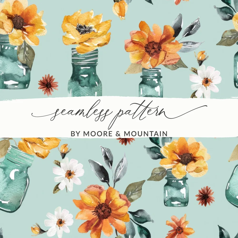 Watercolor Floral Seamless Pattern, Digital Paper Download, Jar Flowers, Fall Blooms, Rustic Design, Printable Fabric, Autumn Digital - Moore and Mountain