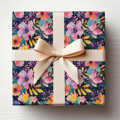 Vibrant floral dark background gift box ribbon product type
Floral design, Gift packaging, Vibrant flowers, Colorful pattern, Dark backdrop, Decorative ribbon, Pink blossoms, Orange blooms, Yellow foliage, Green leaves, Present box, Botanical print, Abstract floral, Celebration wrap, Special gift, Artistic pattern, Unique design, Trendy floral, Modern print, Navy background
