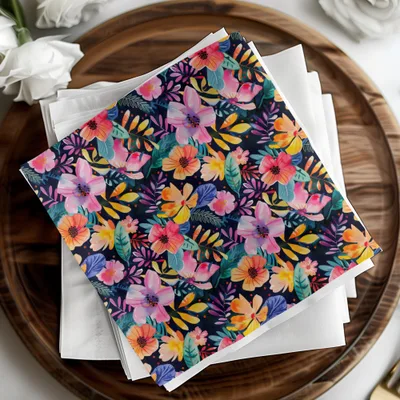 Vibrant Tropical Garden Floral Pattern Dark Background product type
floral design
colorful bloom
tropical foliage
garden flowers
vibrant pattern
dark background
exotic flora
pink blossoms
orange petals
yellow leaves
blue accents
green fronds
summer aesthetic
spring decor
botanical print
modern floral
decorative motif
abstract flowers
nature inspired
bright colors