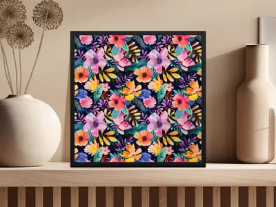Vibrant Colorful Botanical Floral Pattern Artwork product type
floral pattern, botanical art, vibrant flowers, colorful design, dark background, watercolor style, modern floral, abstract flowers, summer blooms, tropical pattern, wall decor, home accent, art print, garden theme, bright blossoms, artistic flora, decorative art, nature inspired, contemporary design, unique pattern