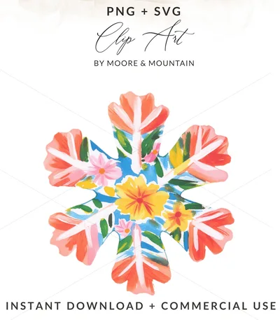 Watercolor Floral Snowflake Digital PNG, Folk Art Botanical Clipart, Colorful Spring Flower Bloom Sublimation Design, Printable Wall Art