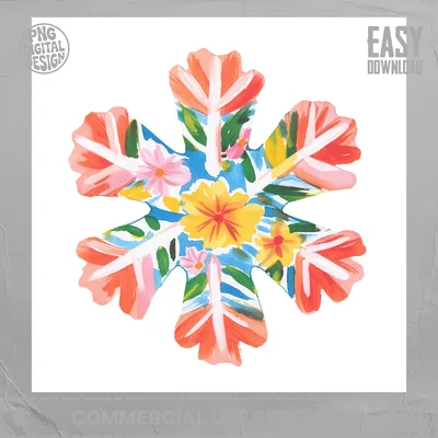 Watercolor Floral Snowflake Digital PNG, Folk Art Botanical Clipart, Colorful Spring Flower Bloom Sublimation Design, Printable Wall Art