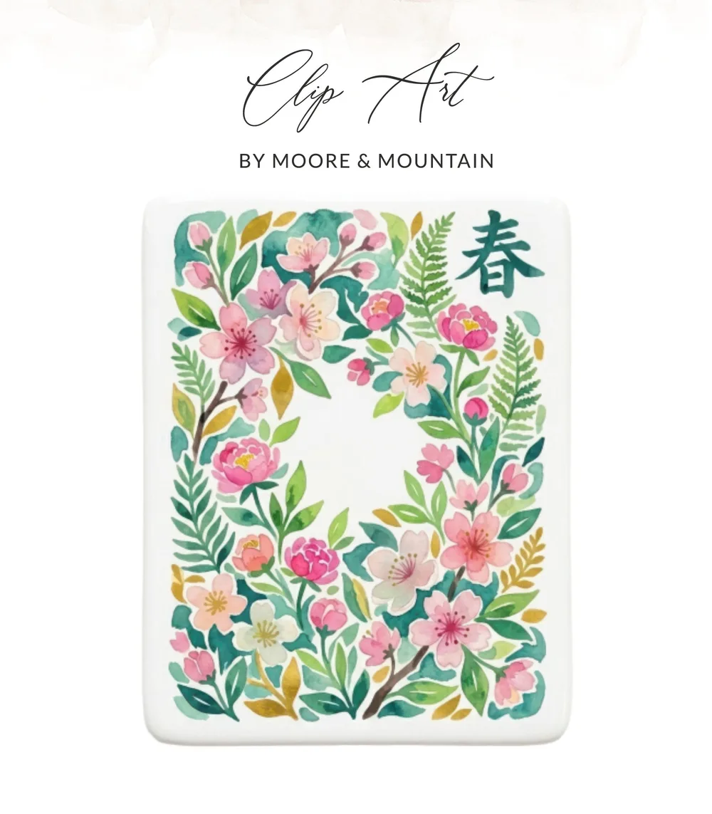 Watercolor floral wreath with "Spring" in Chinese characters.
