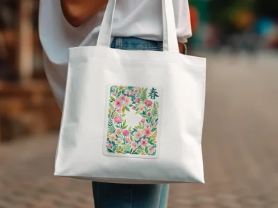 White tote bag with a floral watercolor design and a green Chinese character.
