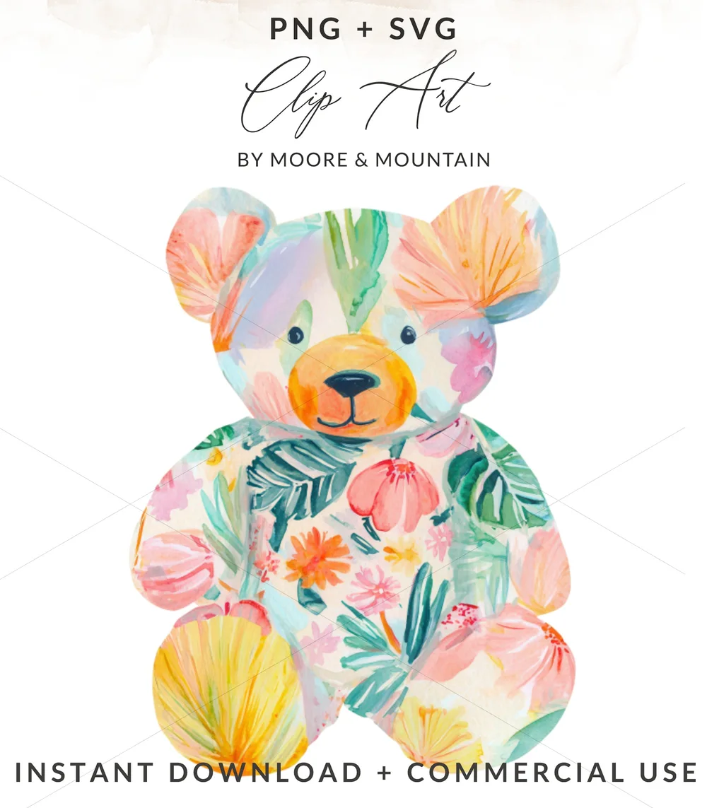 Watercolor Floral Teddy Bear Digital PNG Clipart, Cute Pastel Nursery Art Print, Boho Baby Shower Bear Sublimation Design Graphic Download