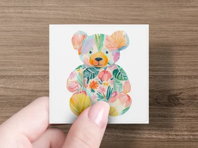 Watercolor Floral Teddy Bear Digital PNG Clipart, Cute Pastel Nursery Art Print, Boho Baby Shower Bear Sublimation Design Graphic Download