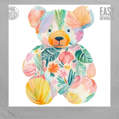 Watercolor Floral Teddy Bear Digital PNG Clipart, Cute Pastel Nursery Art Print, Boho Baby Shower Bear Sublimation Design Graphic Download